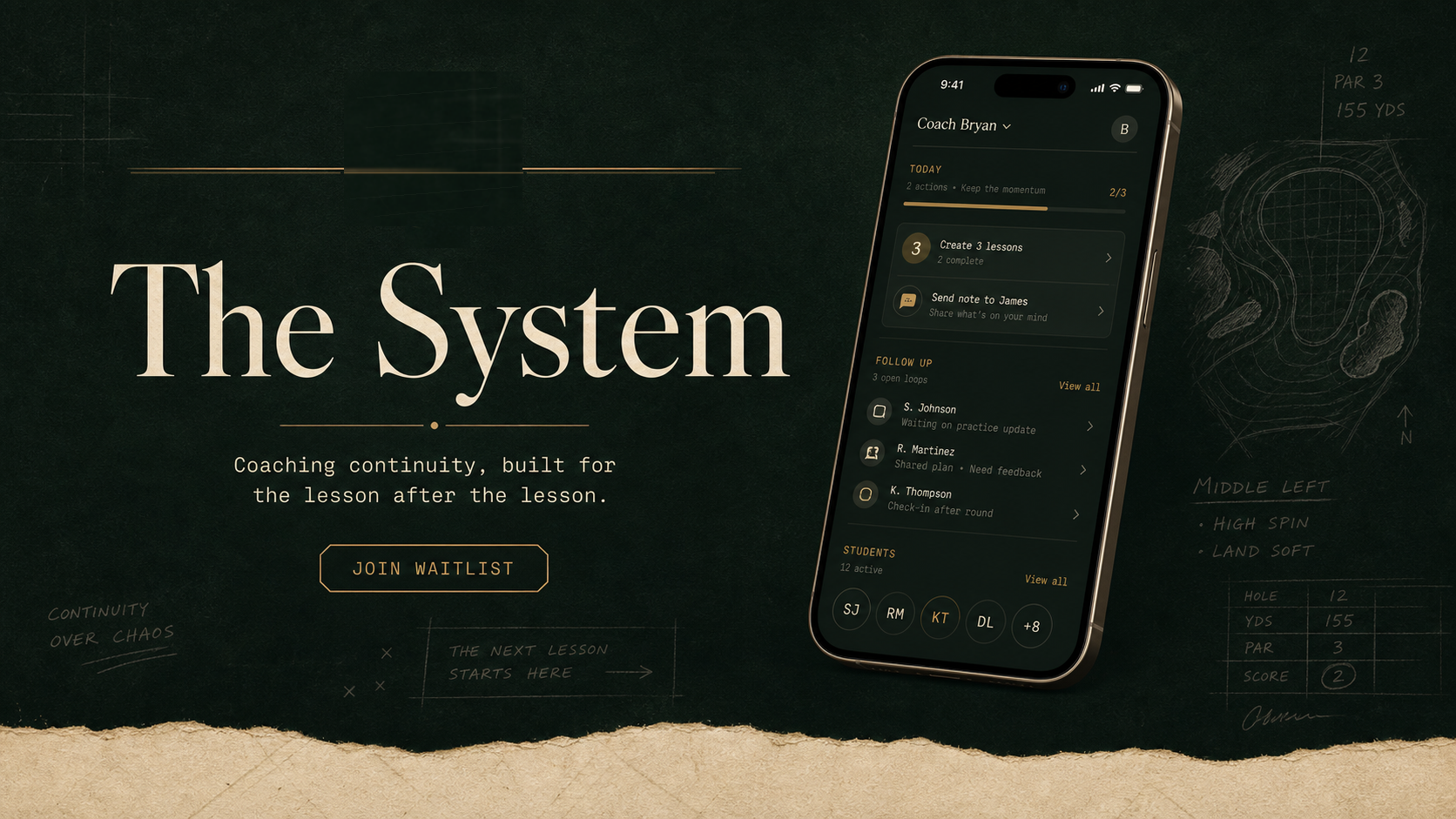The System app and dark forest editorial branding for golf coaches.